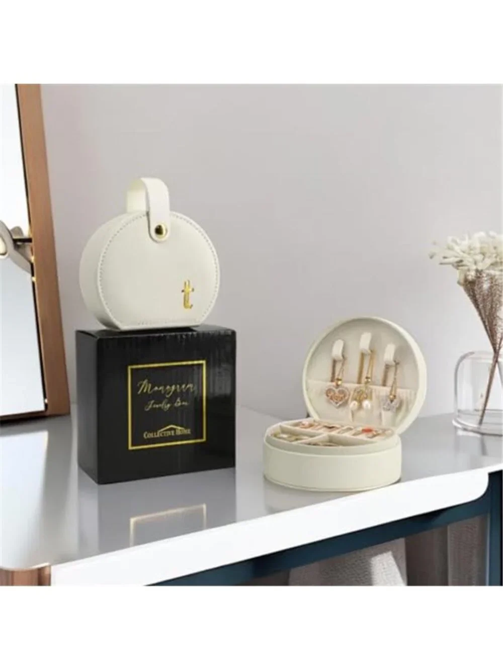 White Half Moon Travel Jewelry Case Gold Monogram Letter T Organizer Clutch